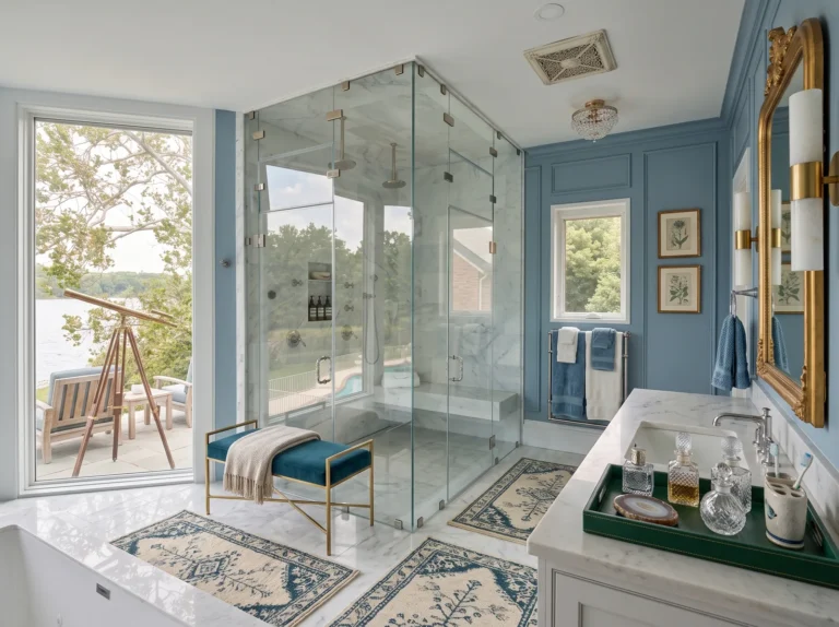 Floor-to-ceiling frameless glass steam shower with two doors and a marble bench