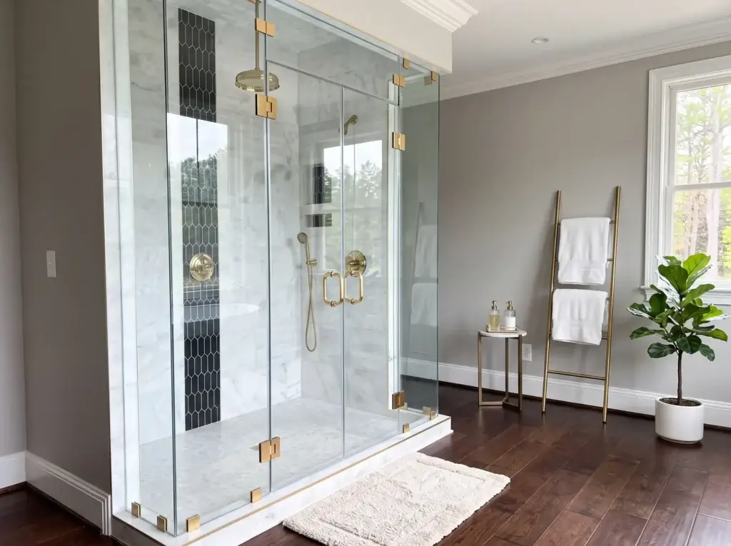 Steam shower enclosure with glass running to the ceiling and a fixed transom panel, McLean, VA