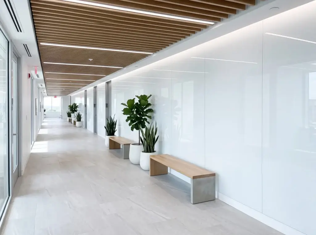 White back-painted glass wall panels along an office corridor with benches