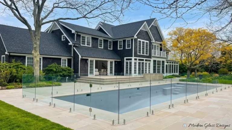 Frameless glass pool fence with stainless spigots