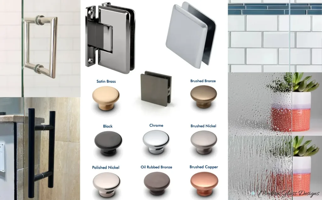 Shower door hinges, clamps, pulls and finish samples