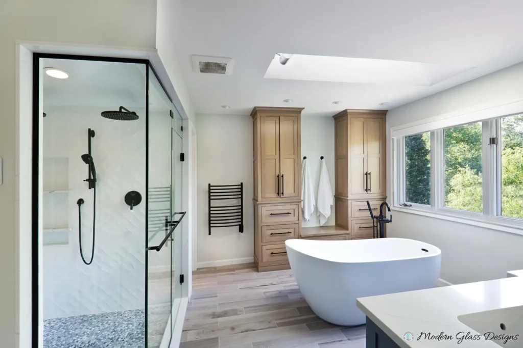 Contemporary Bathroom Design with Freestanding Bathtub and Shower Stall