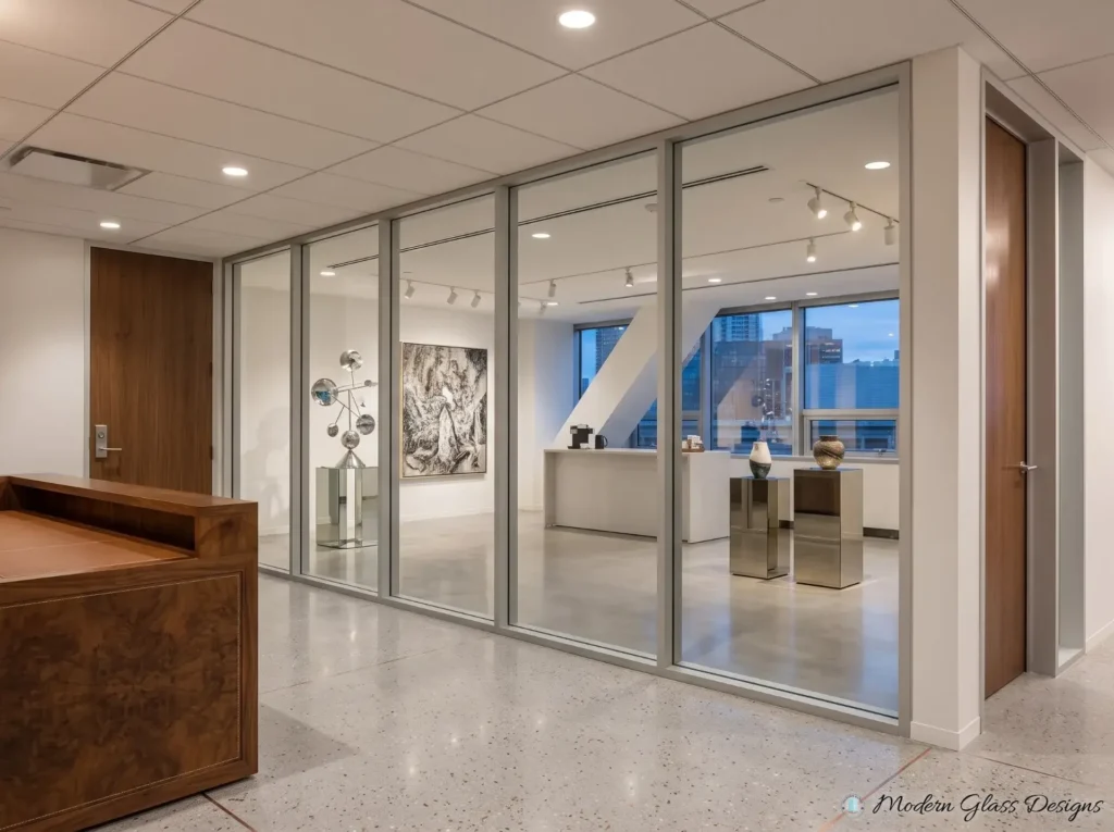 Satin aluminum framed glass office wall at a reception area
