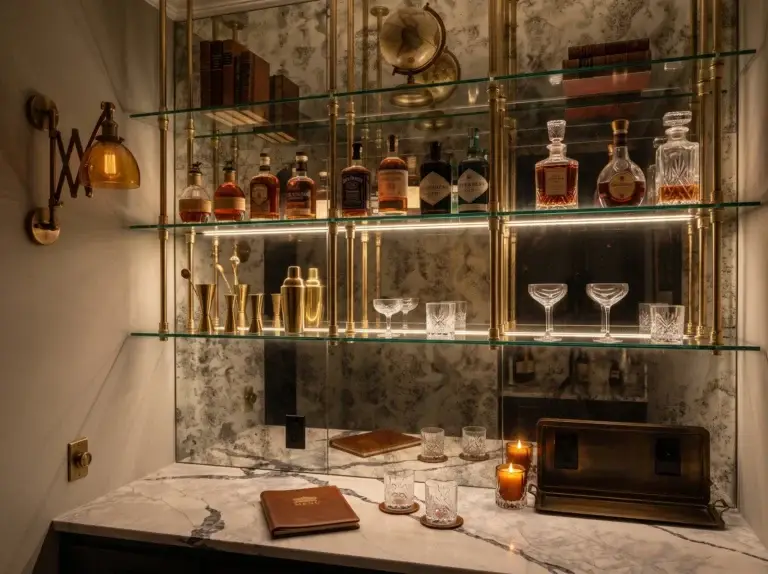 Antique mirror backsplash behind glass shelves on brass posts above a white marble counter