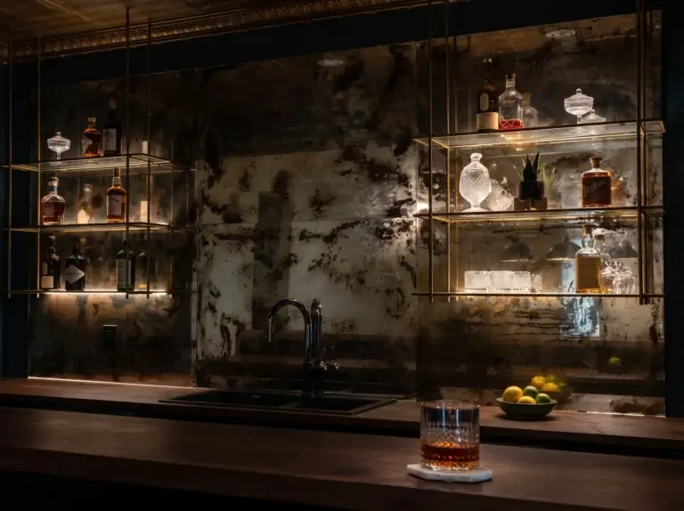 Antique mirror bar backsplash with suspended brass and glass shelving above a wood counter
