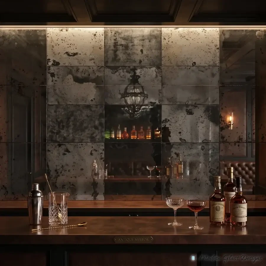 Antique mirror tiles with dark speckling covering the wall behind a bar counter