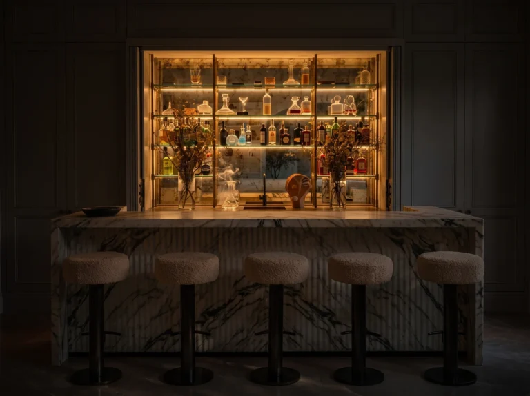 Home bar with lit glass shelves in front of an antique mirror back wall, a marble bar and upholstered stools