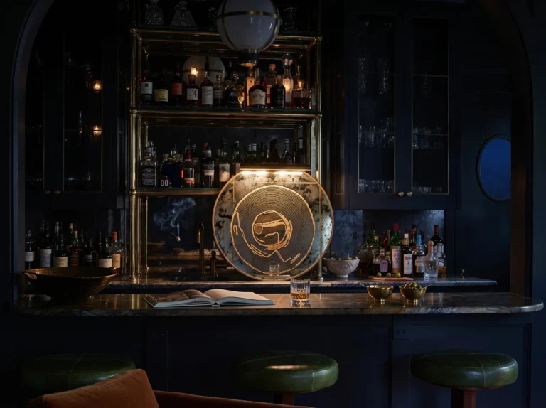 Navy home bar with brass shelving, an antique mirror backsplash and a round decorative mirror
