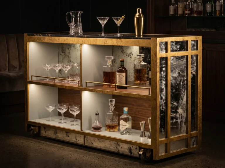 Gold-framed bar cart with antique mirror panels on the back, sides and base