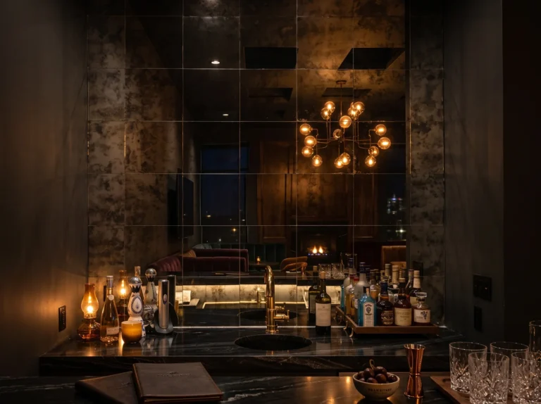 Square antique mirror tiles behind a home bar, reflecting a lit chandelier and the room