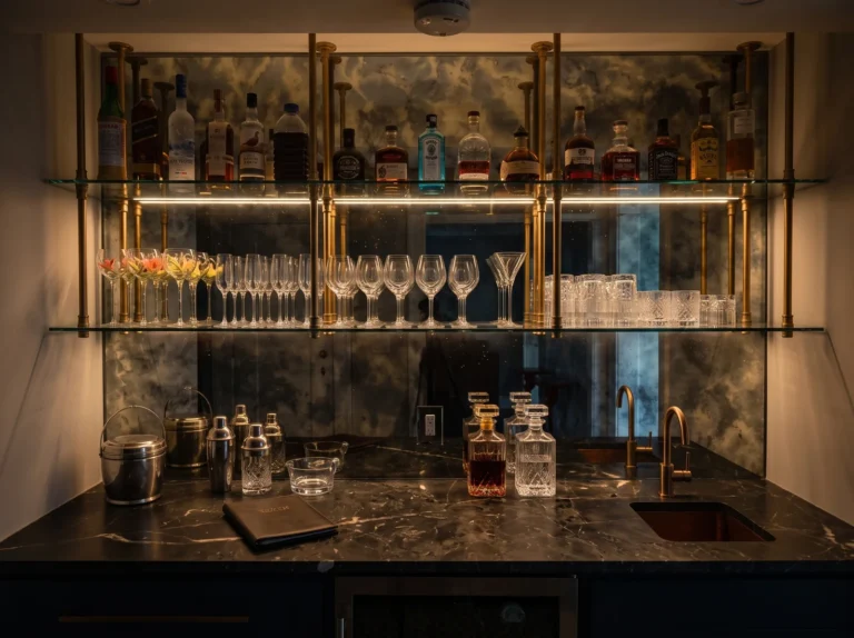 Wet bar with antique mirror backsplash, glass shelves on brass posts and a dark stone counter