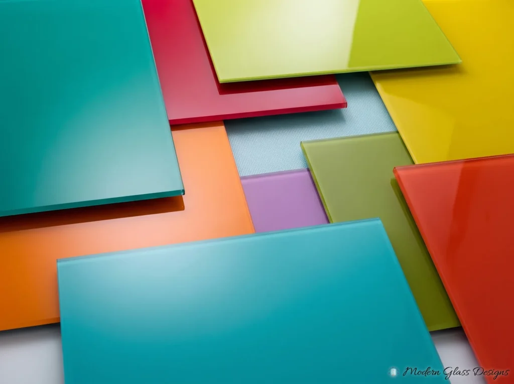 Back-painted glass samples in teal, red, lime, yellow, orange, purple and blue