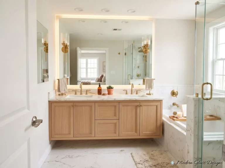 Backlit frameless mirror above a light wood double vanity