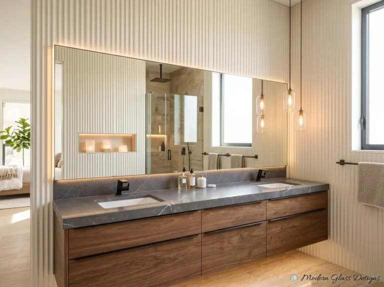 Backlit frameless mirror above a wood double vanity