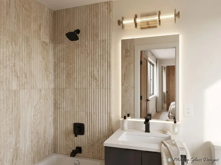 Backlit frameless vanity mirror above a single-sink vanity