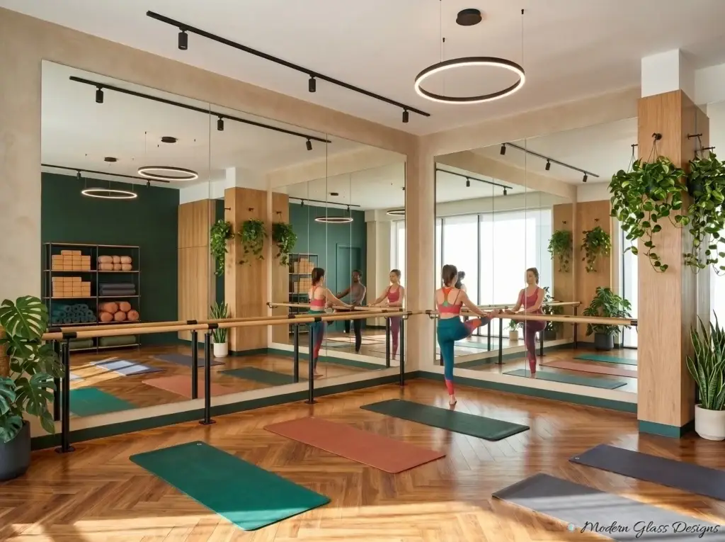 Floor-to-ceiling mirror walls in a barre studio
