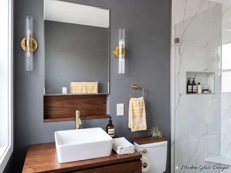 Beveled vanity mirror above a vessel sink between wall sconces