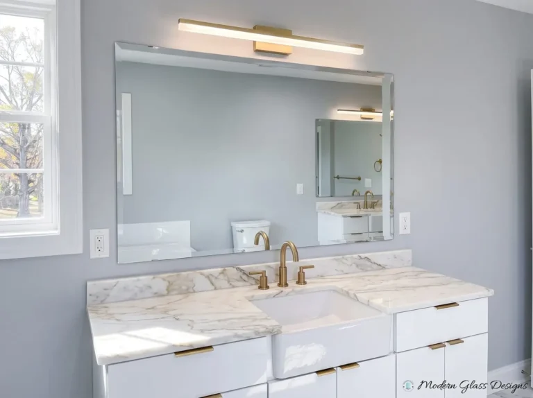 Beveled vanity mirror above a white vanity with a gold light bar