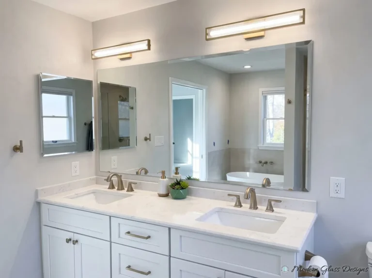 Beveled vanity mirrors above a white double vanity