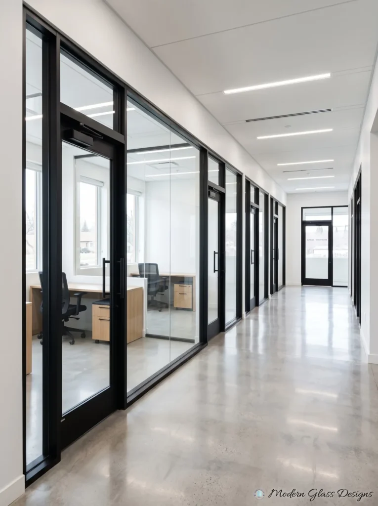 Black aluminum framed office fronts with glass doors along an interior corridor