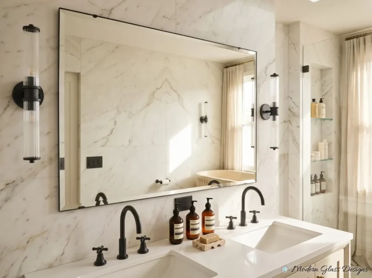Black-framed mirror above a double vanity with black faucets