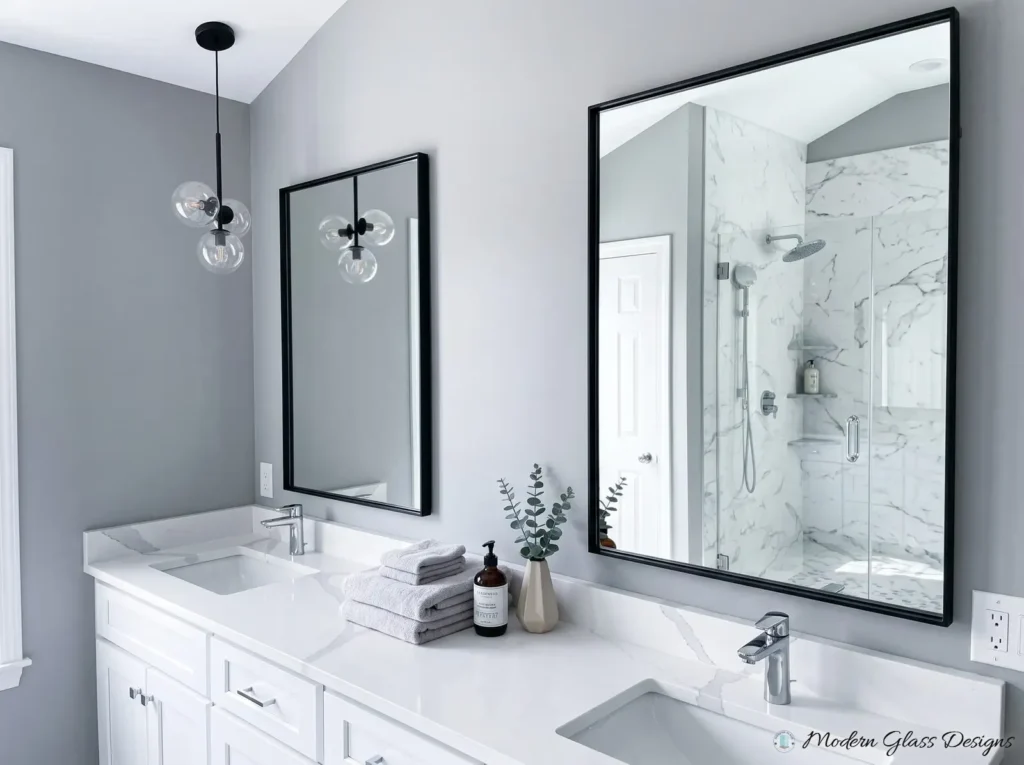 Two black-framed mirrors above a white double vanity