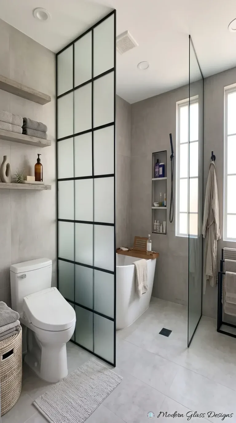 Frosted black grid glass partition and clear glass shower panel beside a freestanding tub
