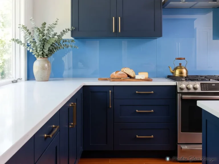 Bright blue back-painted glass backsplash with navy cabinets and a white countertop