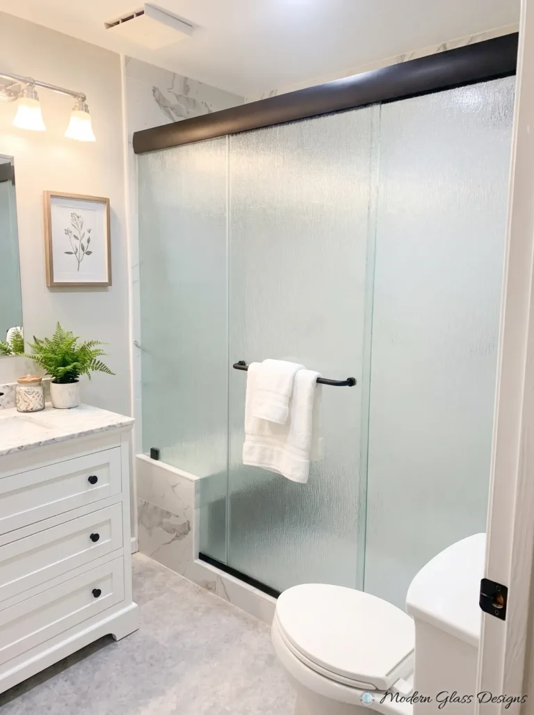 Bypass Sliding Shower Door, Rain Glass, Dark Bronze Header