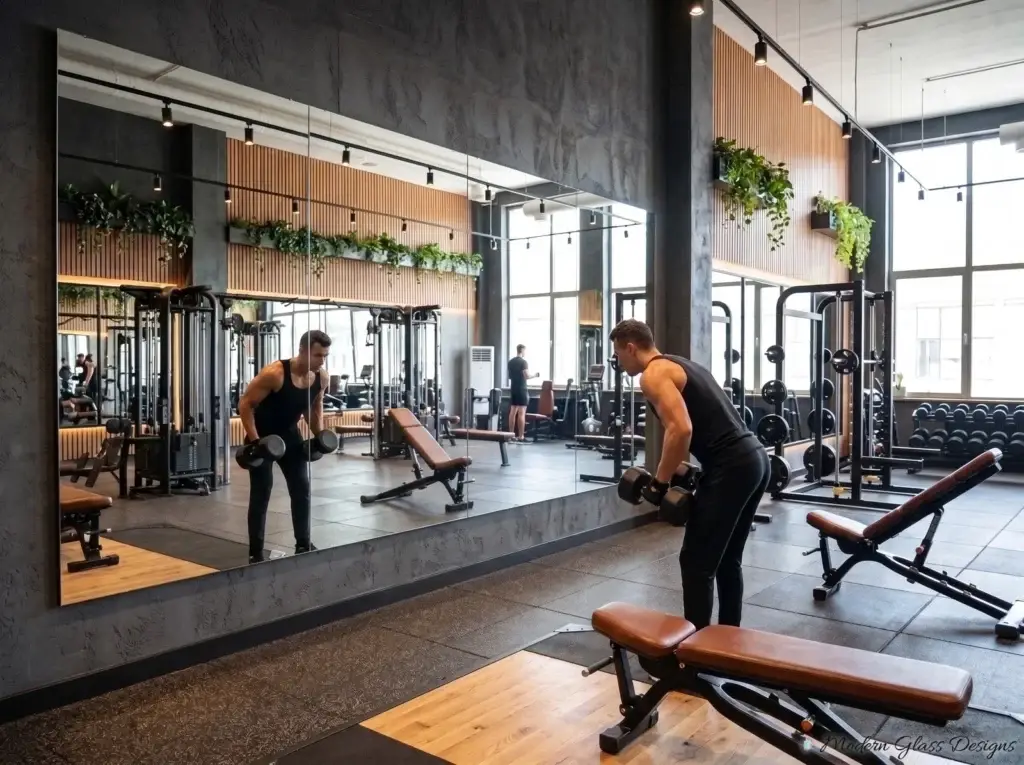 Frameless mirror wall in a gym weight room