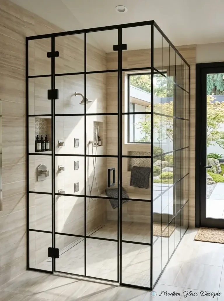 Black grid-style corner glass shower enclosure