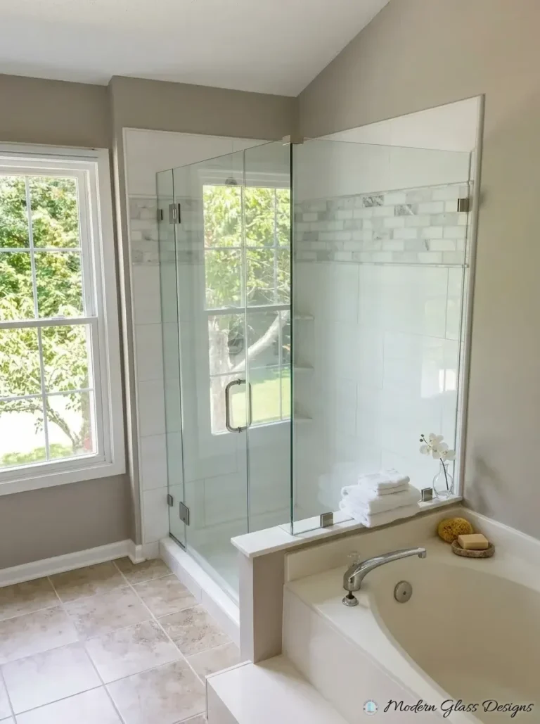 Frameless corner shower enclosure with a tall panel beside a soaking tub