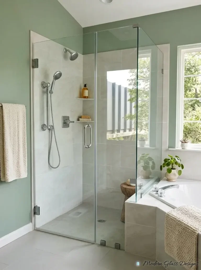 Frameless corner shower enclosure beside a tub with brushed nickel hardware