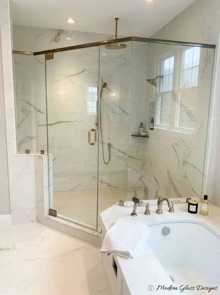 Corner glass shower with brushed brass header bar beside a tub