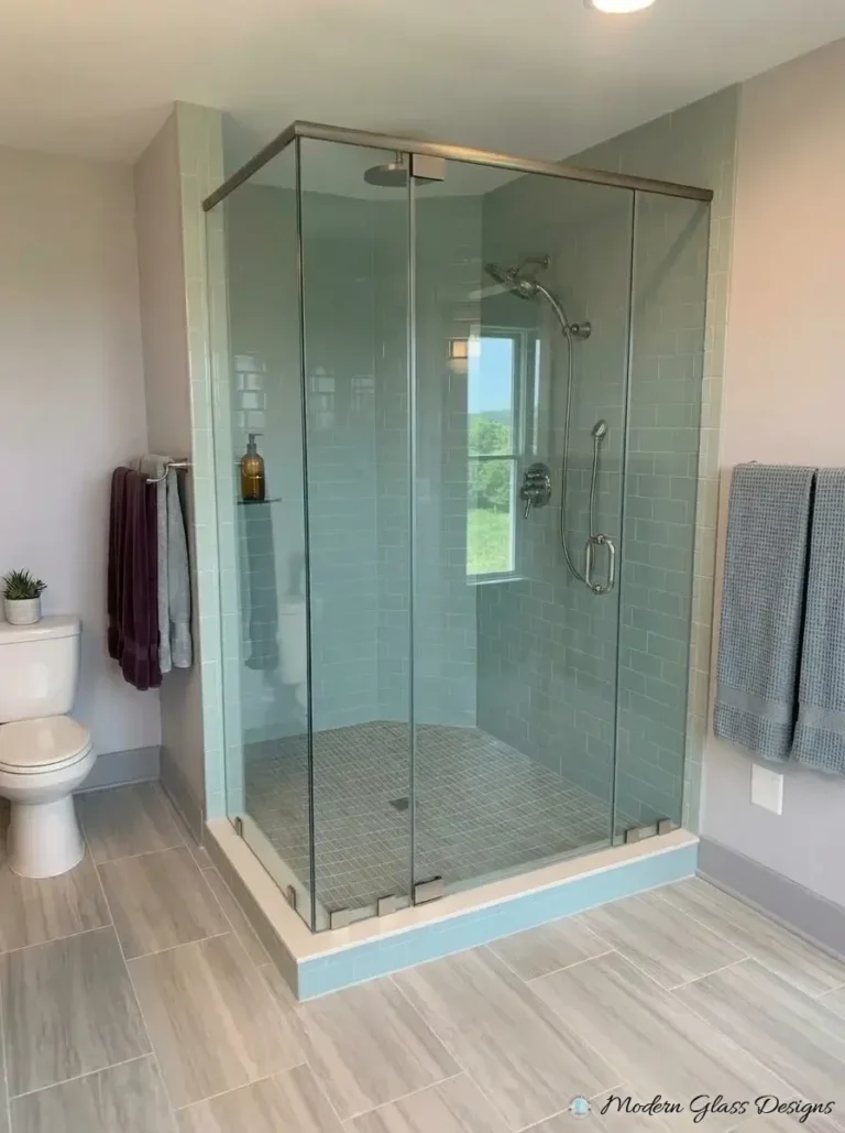 Corner glass shower enclosure with brushed nickel header bar
