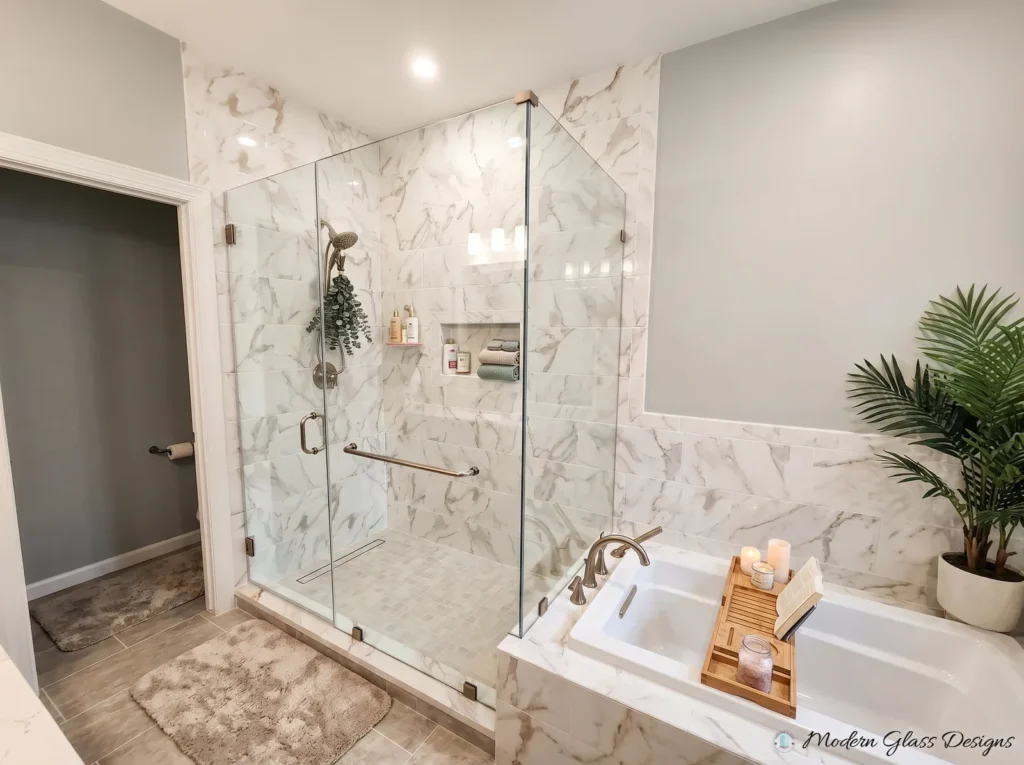 Frameless corner shower with a glass door, panel and return beside a drop-in tub