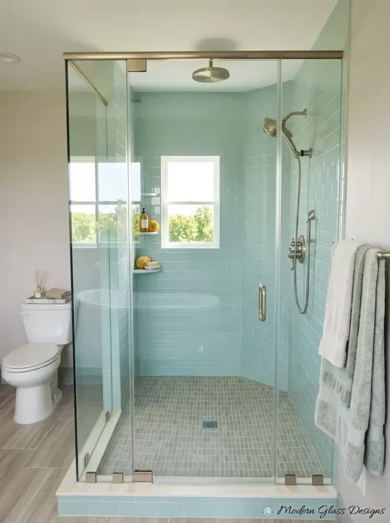 Corner glass shower with brushed nickel header bar and towel bar