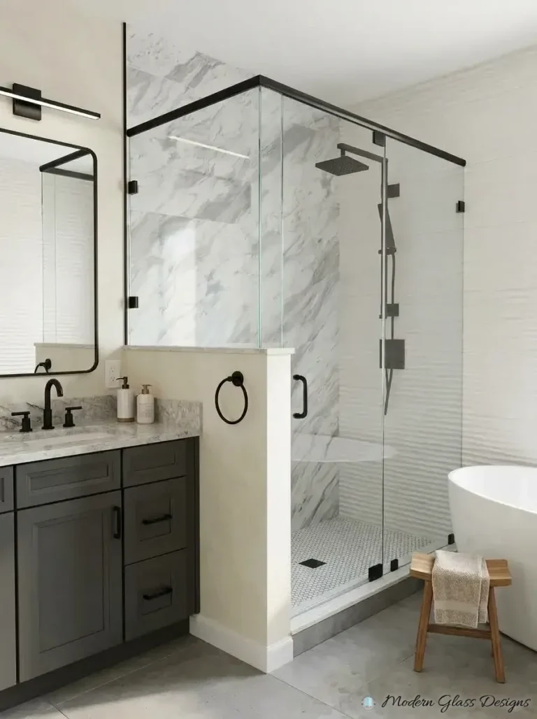 Corner glass shower on a knee wall with matte black header bar