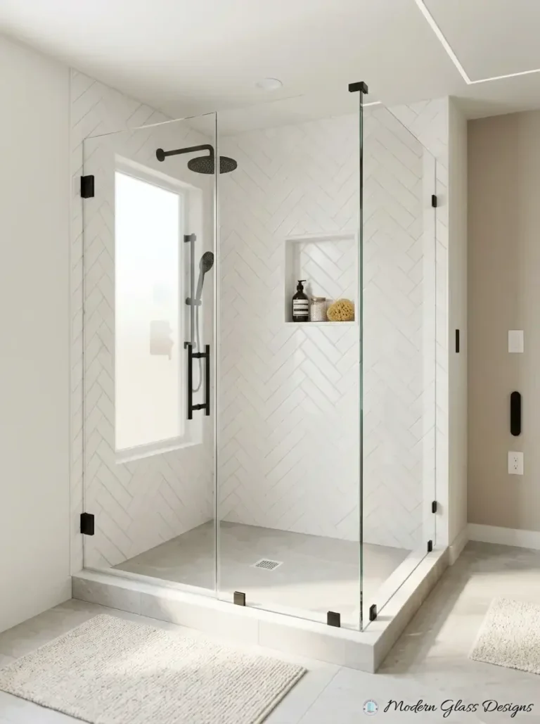 Frameless corner shower on a knee wall with matte black hardware