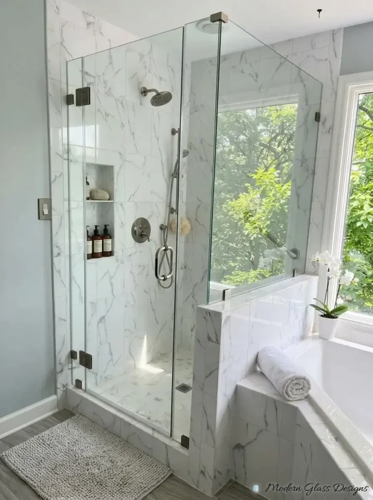 Frameless corner shower with knee wall panel beside a tub