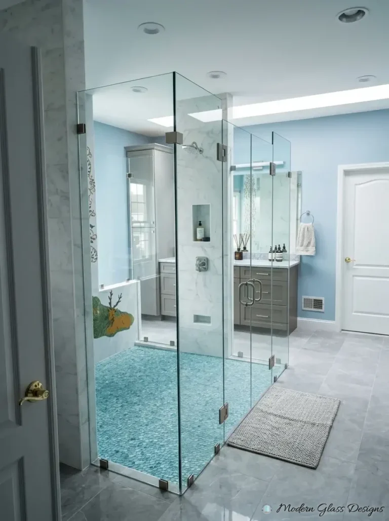 Large frameless corner shower enclosure with double doors