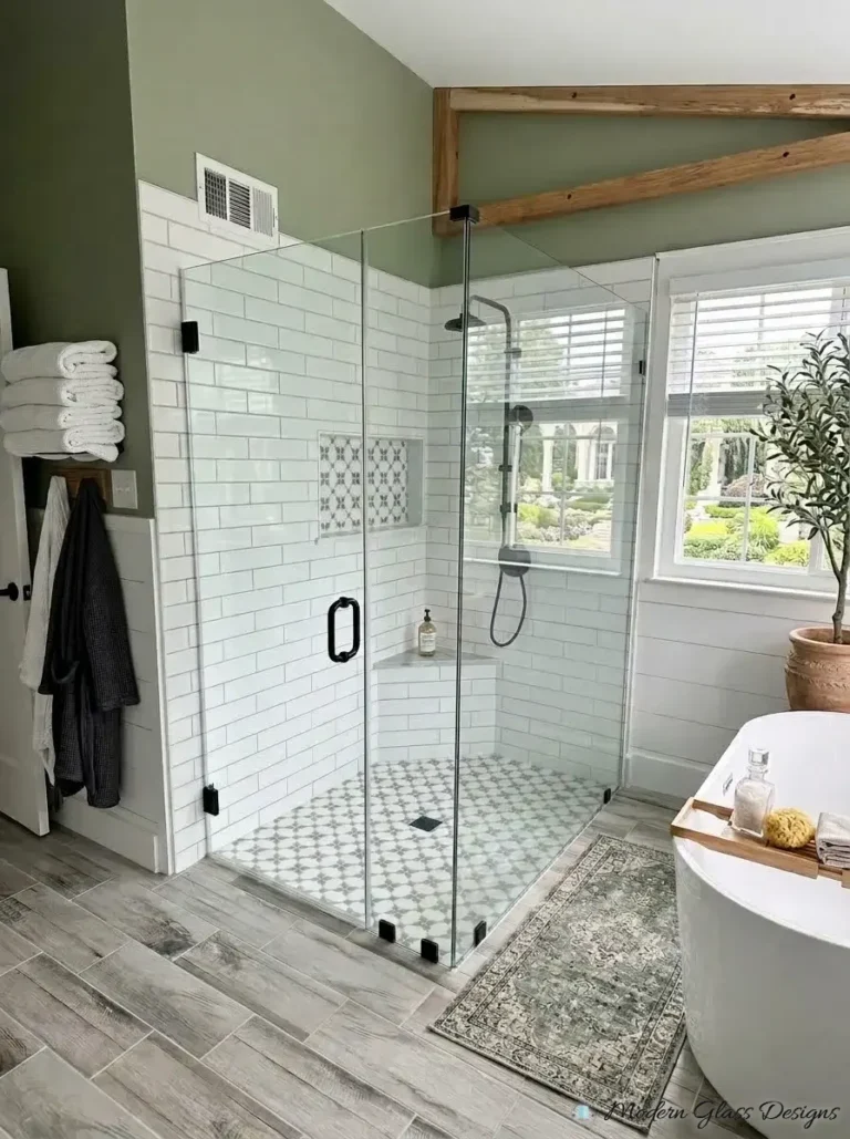 Frameless corner shower with matte black hinges and handle