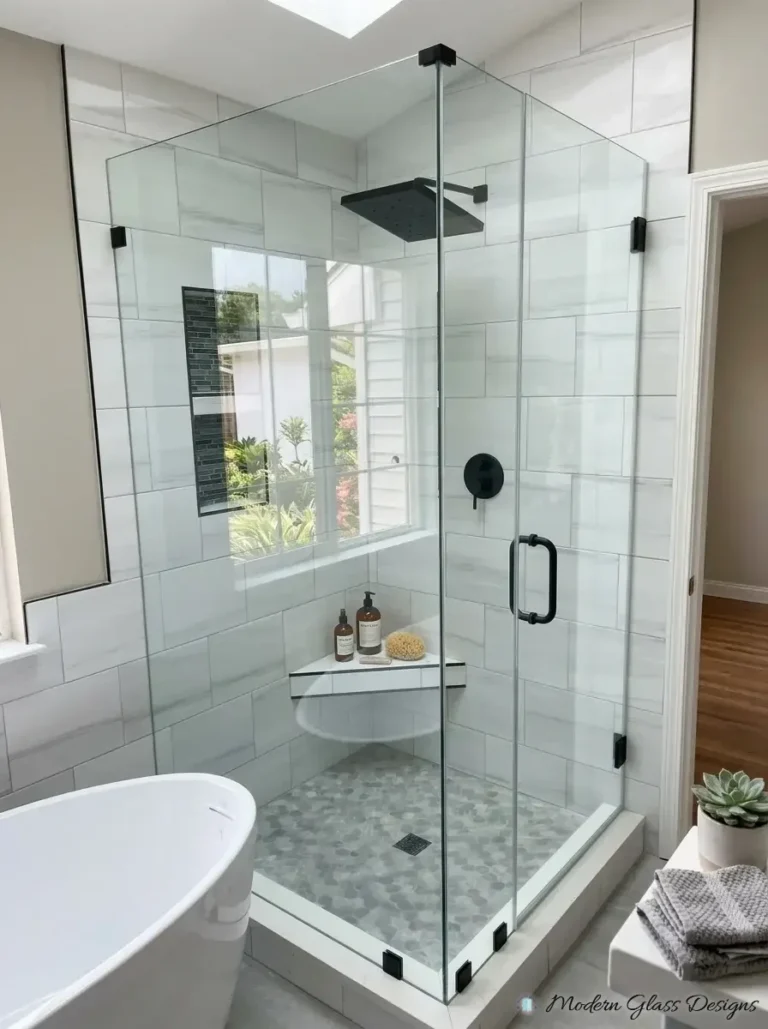 Frameless 90 degree corner shower with matte black clamps and ladder pull