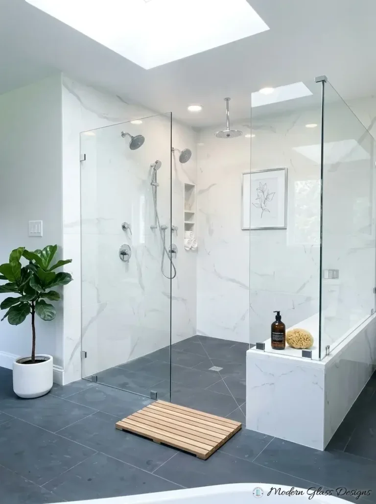 Walk-in shower with two fixed glass panels