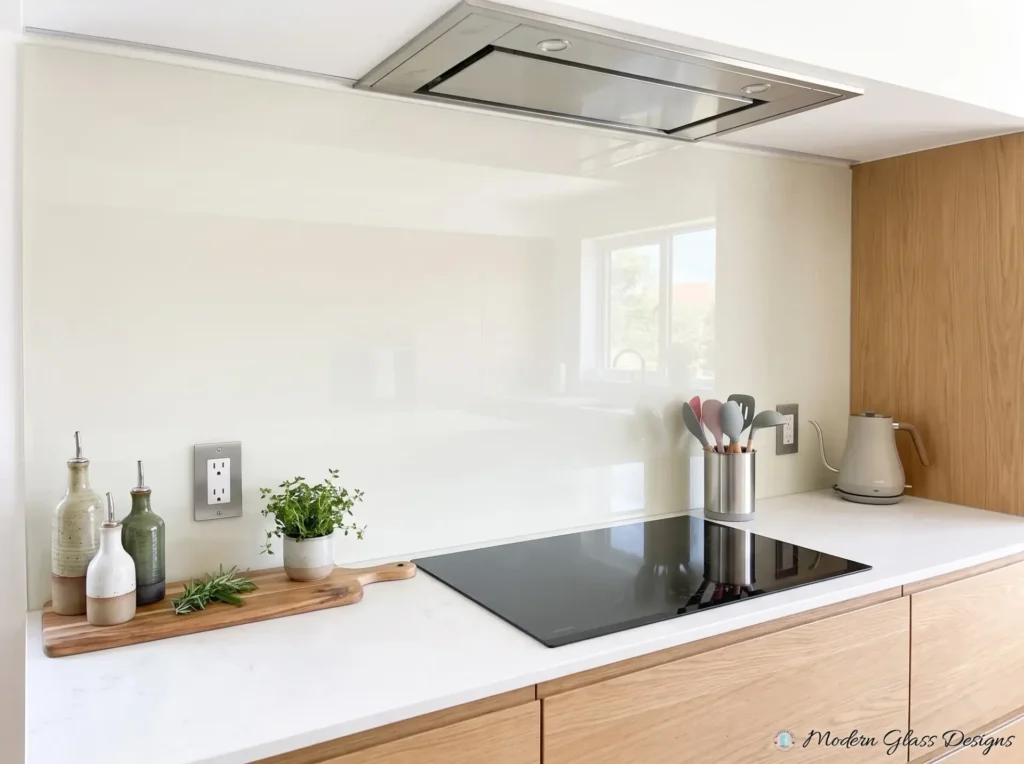 Cream back-painted glass backsplash with outlet cutouts behind a cooktop