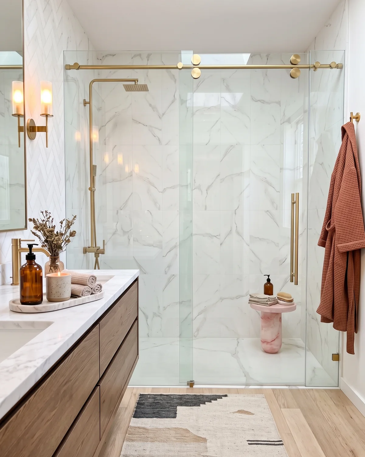 CRL Colonia single slider shower door with a round satin brass header and rollers