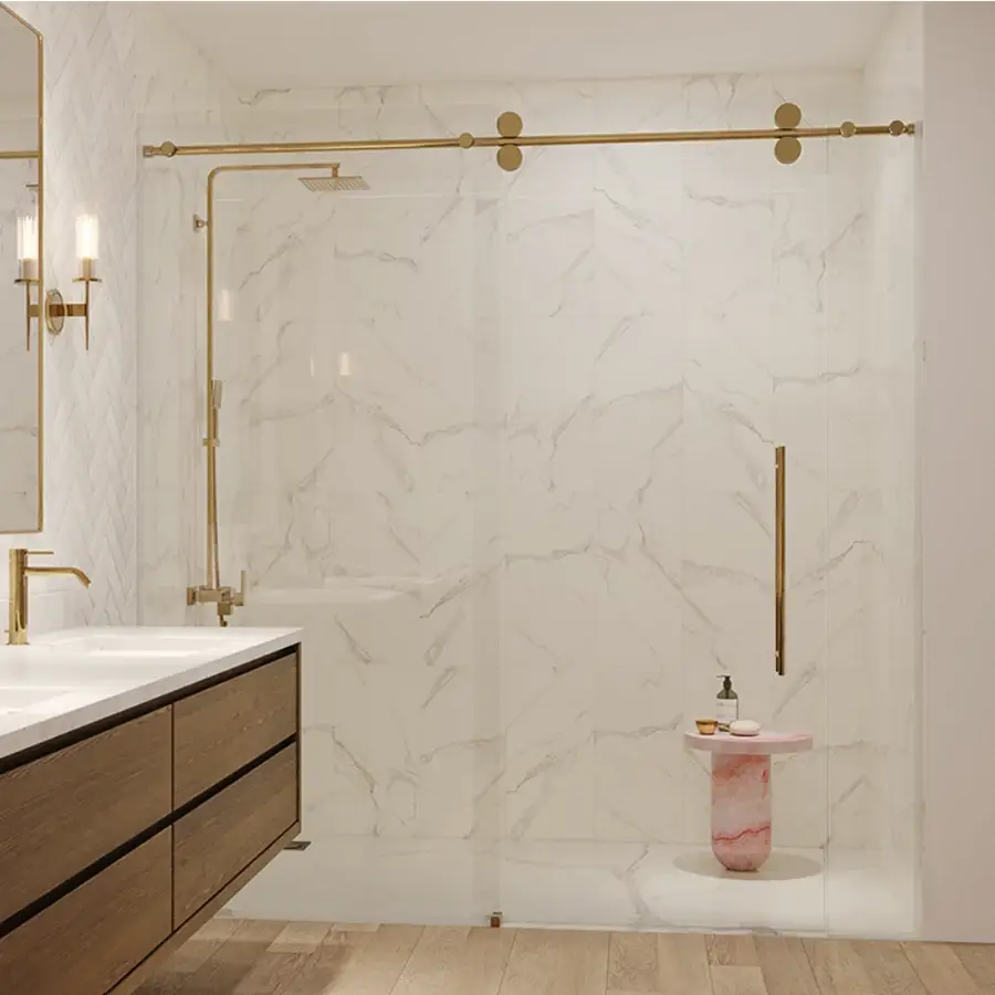 Colonia single sliding shower door system in satin brass