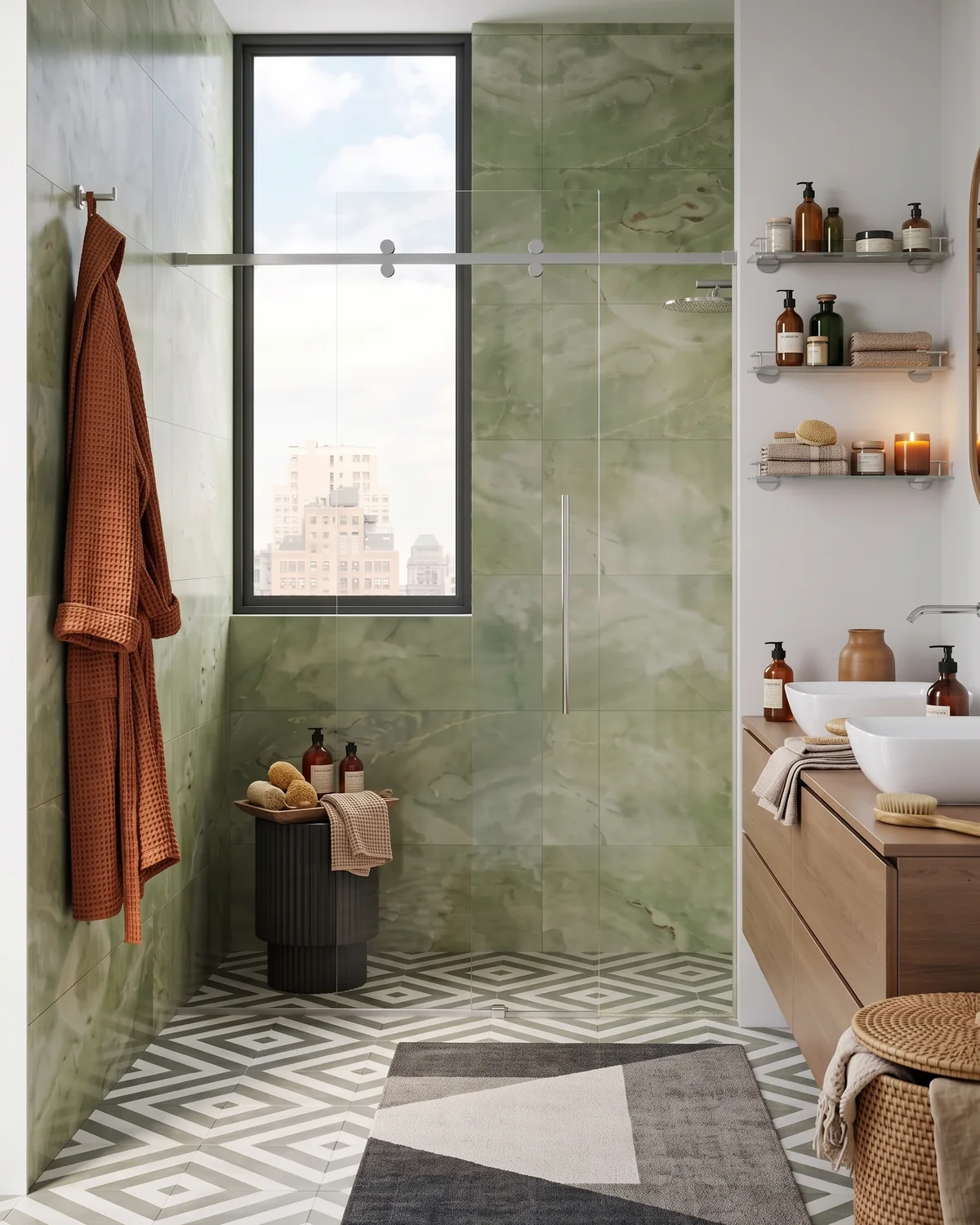 CRL Tofino single slider shower door with an oval header in a green marble shower
