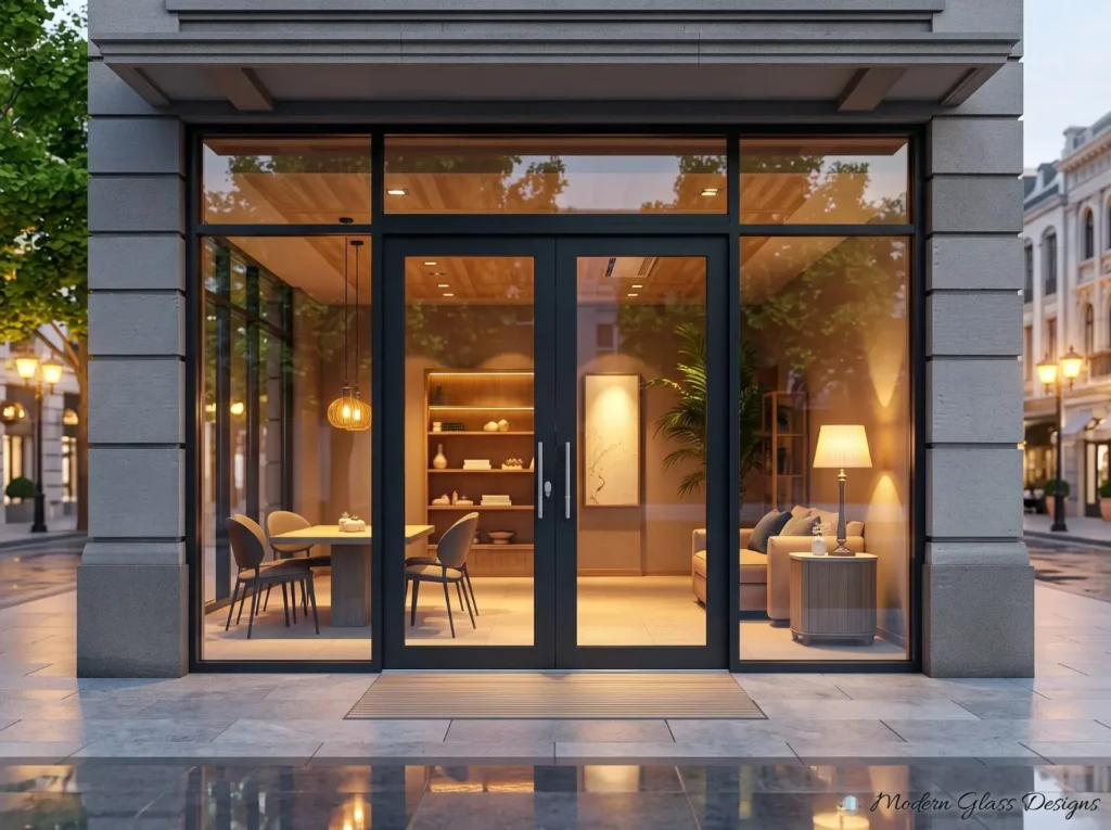 Dark bronze aluminum storefront with double entrance doors and display windows at dusk