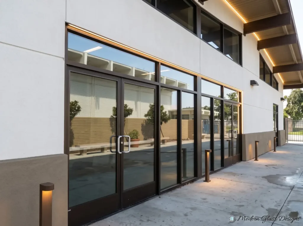 Dark bronze aluminum storefront system with tinted glass on a commercial building